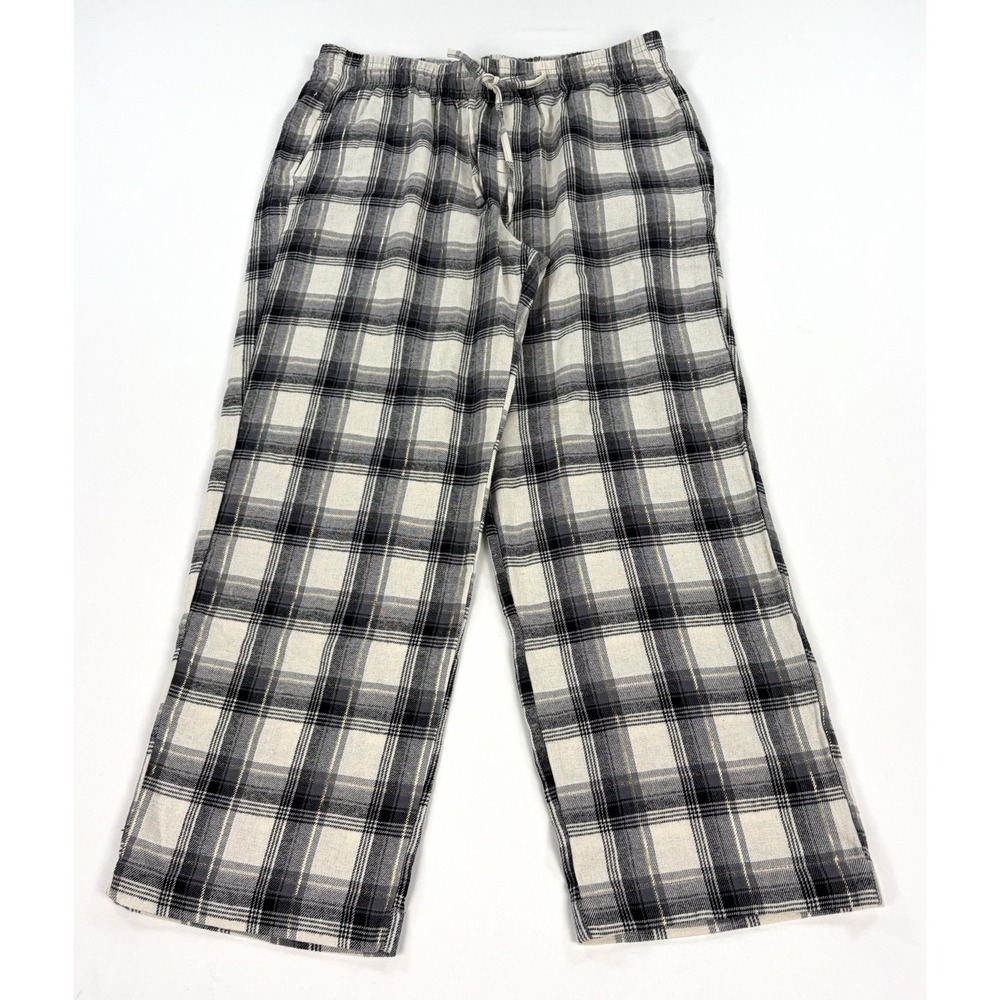 GAP Women's Large Pajama Pants Black White Plaid Gold Lurex Shimmer Flannel New